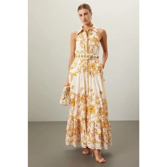 HEMANT & NANDITA Dresses & Skirts - Hemant & Nandita Tora Shirt Dress Floral Eyelet Sleeveless Maxi White Yellow M